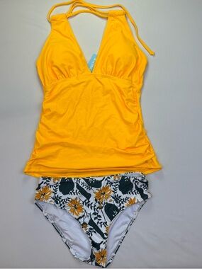 Yonique Tankini Set NWT Small Yellow Halter Top Floral Bottoms